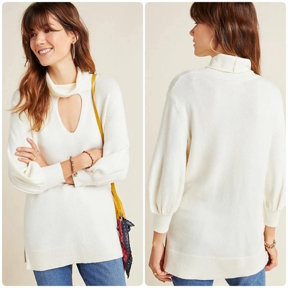 Anthropologie Vanna Puff Sleeves Sweater Top Women XS Ivory High Neck Peasant
